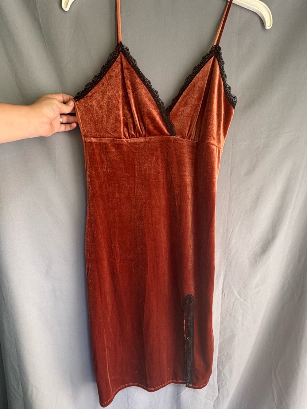 Forever 21 Orange Velvet Black Lace Trim Slip Dress with Leg Slit